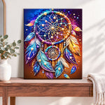 Finished colourful pearl dreamcatcher pearl diamond painting artwork displayed as home decor