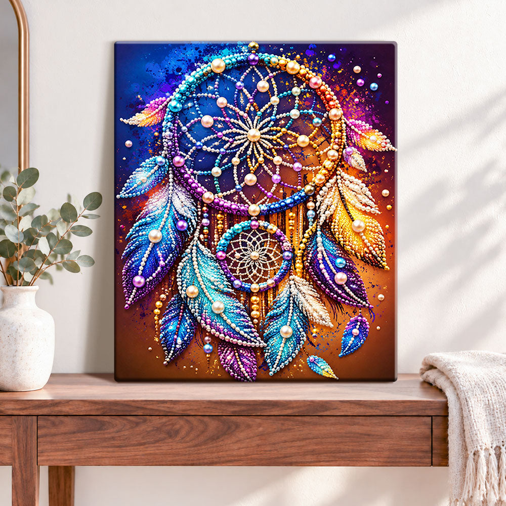 Finished colourful pearl dreamcatcher pearl diamond painting artwork displayed as home decor