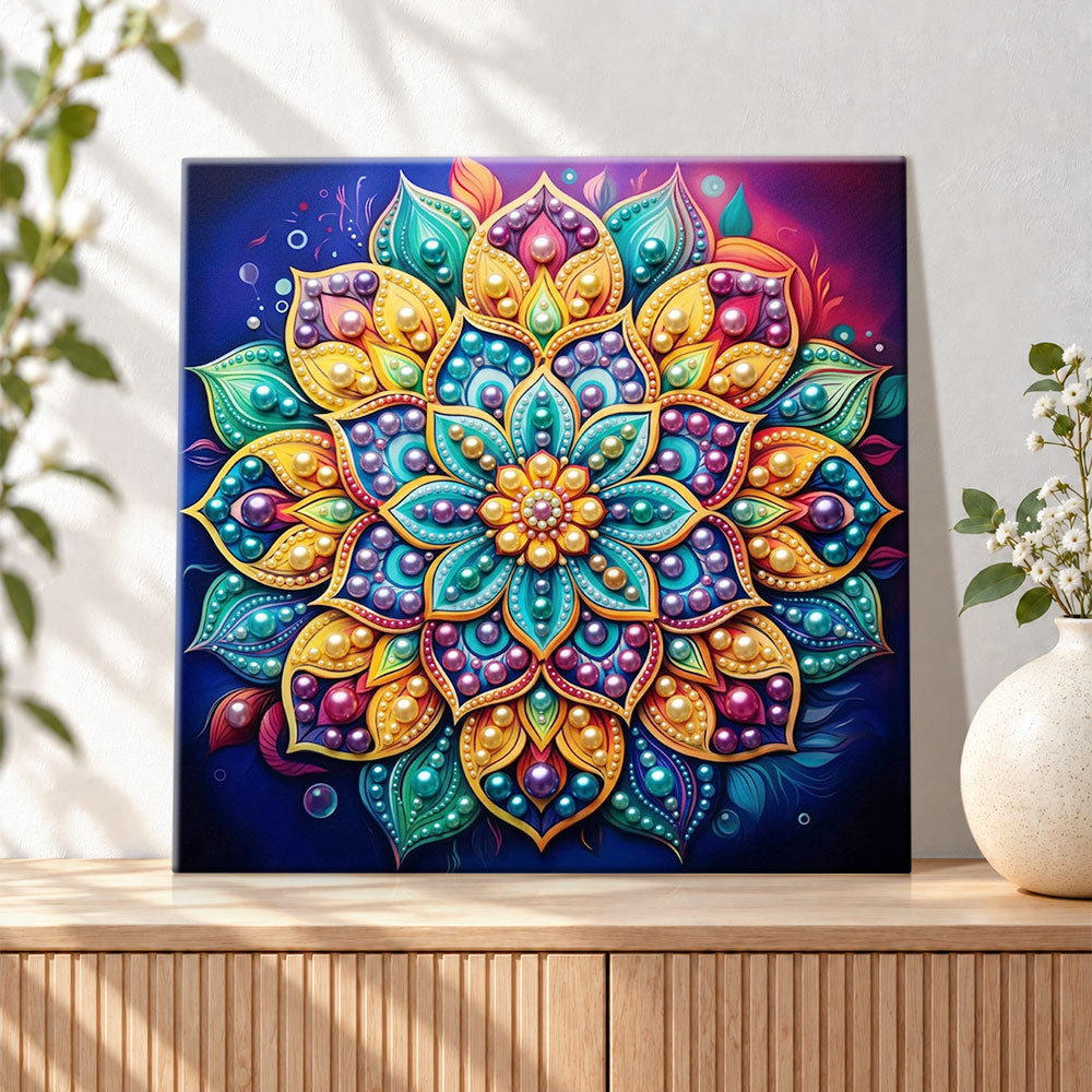 Finished colourful pearl mandala bloom pearl diamond painting artwork displayed as holiday home decor