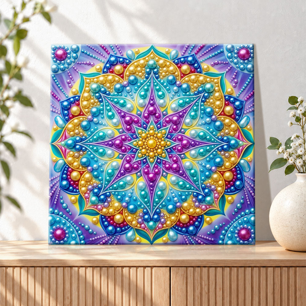 Finished colourful pearl mandala flower pearl diamond painting artwork displayed as holiday home decor