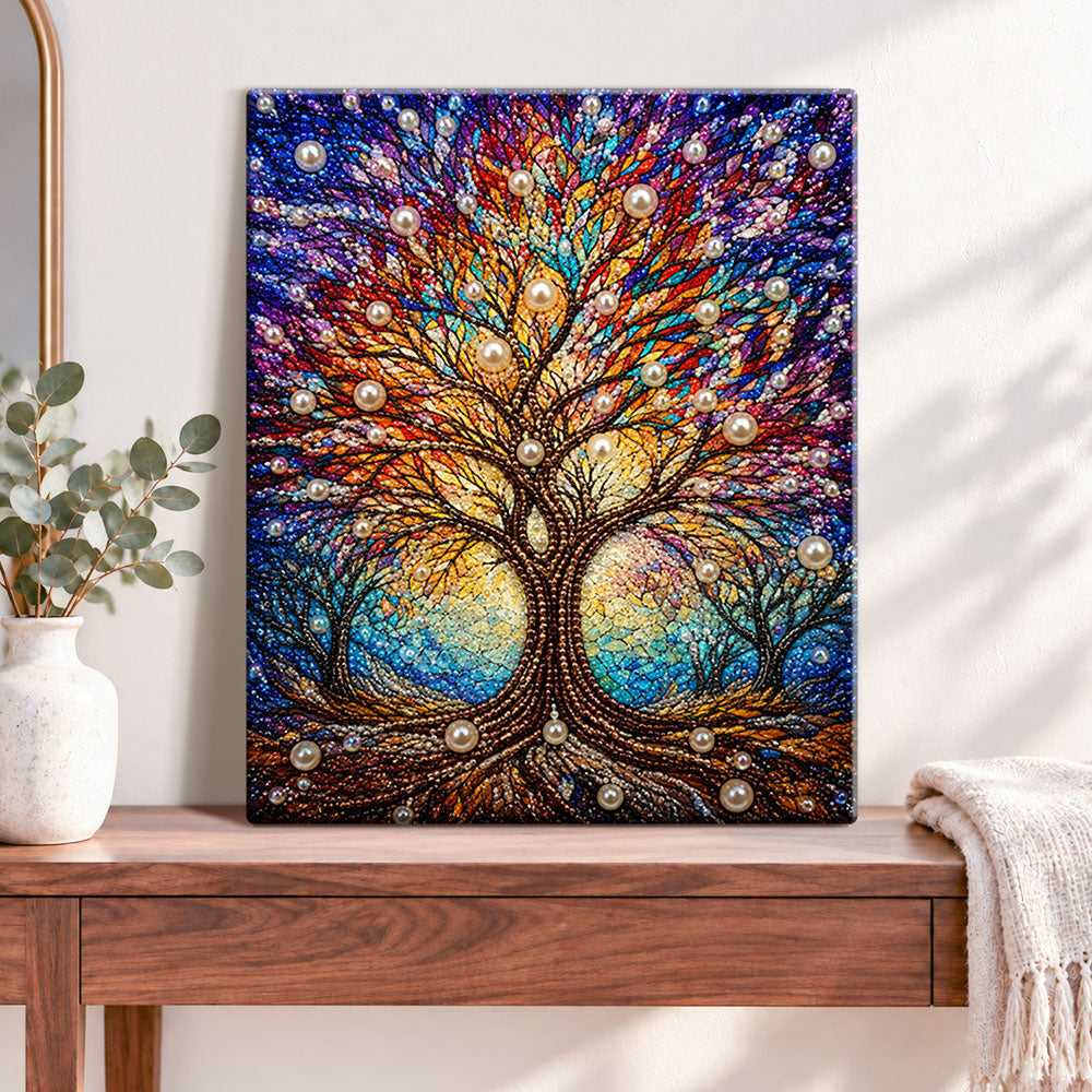 Finished colourful pearl tree of life pearl diamond painting artwork displayed as home decor