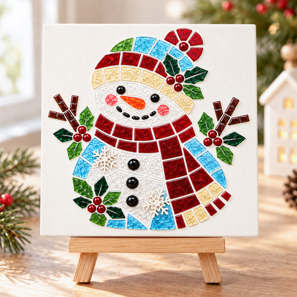 Colourful snowman sea glass art kit finished artwork on display
