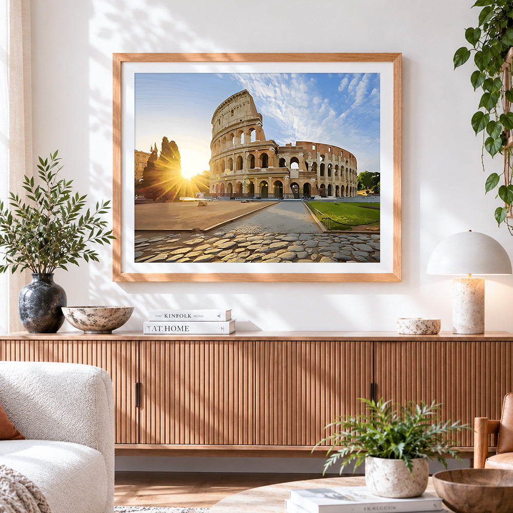 Finished colosseum in rome at sunrise paint by numbers artwork displayed as home decor