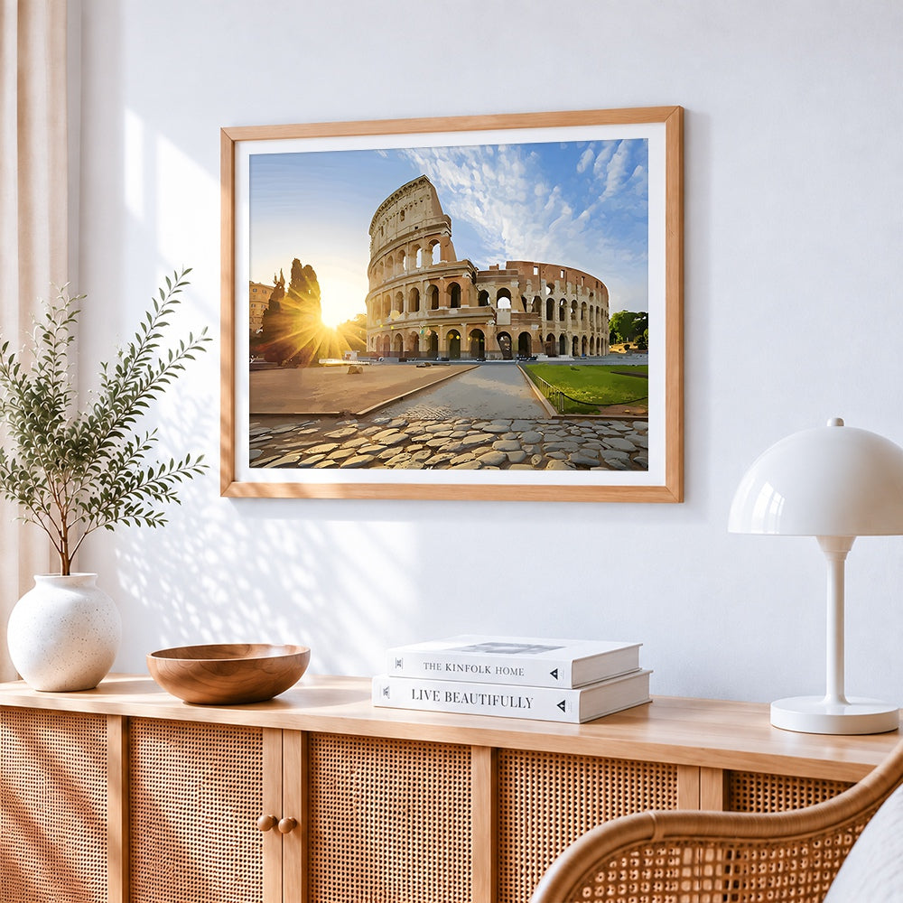 Colosseum in rome at sunrise paint by numbers artwork displayed on wall as home decor