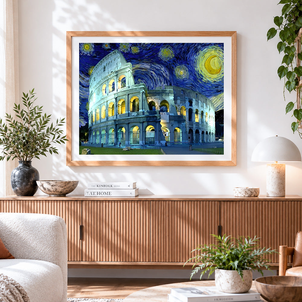 Finished colosseum under a starry night paint by numbers artwork displayed as home decor