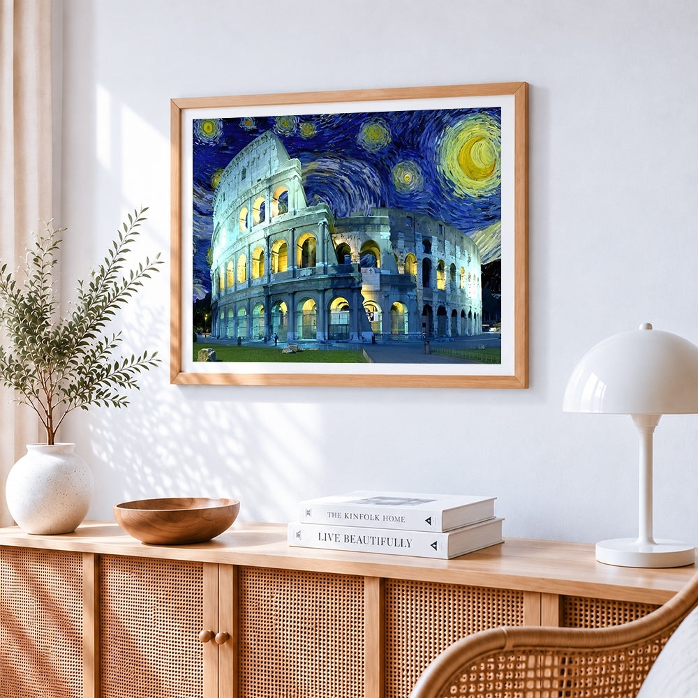 Colosseum under a starry night paint by numbers artwork displayed on wall as home decor