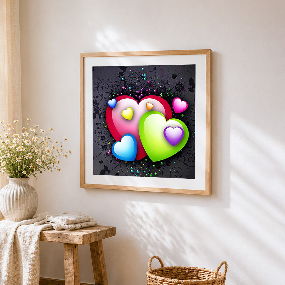Colourful 3D hearts and vines cross stitch artwork displayed on wall as home decor