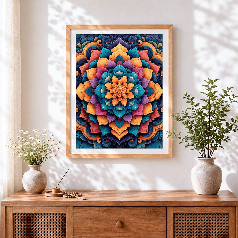 Finished colourful 3d mandala art cross stitch artwork displayed