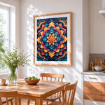 Colourful 3D mandala art cross stitch artwork displayed on wall as home decor