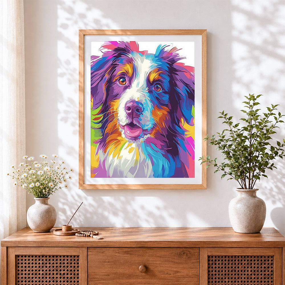 Finished colourful abstract australian shepherd cross stitch artwork displayed