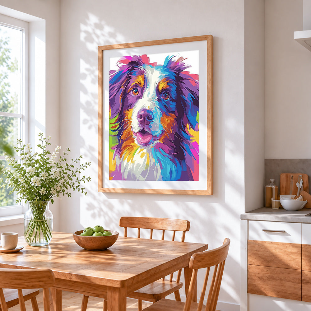 Colourful abstract australian shepherd paint by numbers artwork displayed on wall as home decor