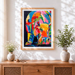 Finished colourful abstract baby hippo cross stitch artwork displayed