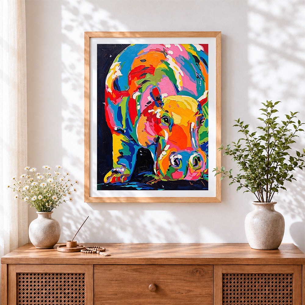 Finished colourful abstract baby hippo cross stitch artwork displayed