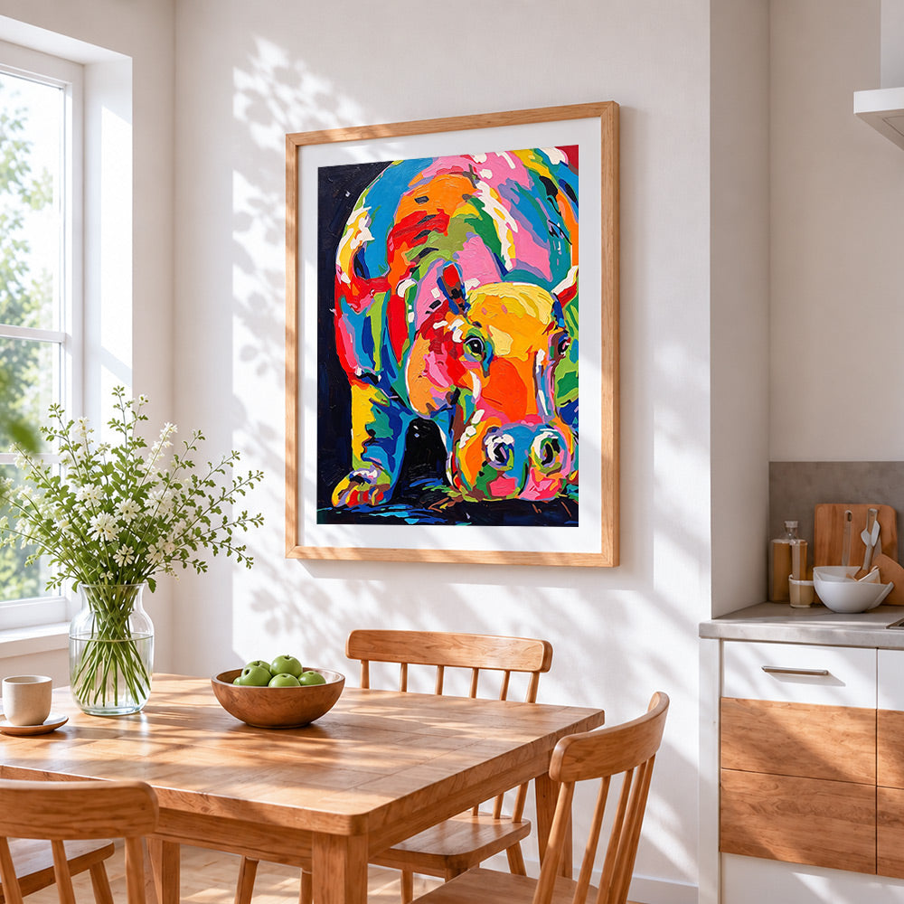 Colourful abstract baby hippo cross stitch artwork displayed on wall as home decor