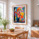 Colourful abstract baby hippo cross stitch artwork displayed on wall as home decor
