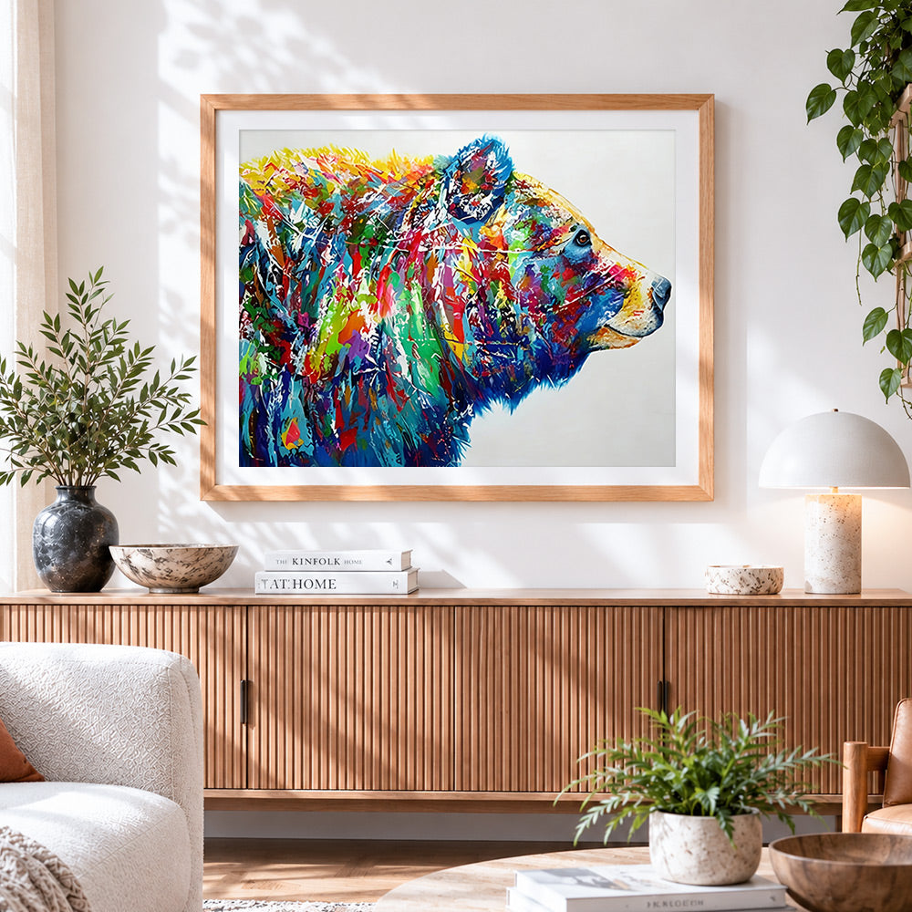 Finished colourful abstract bear paint by numbers artwork displayed as home decor