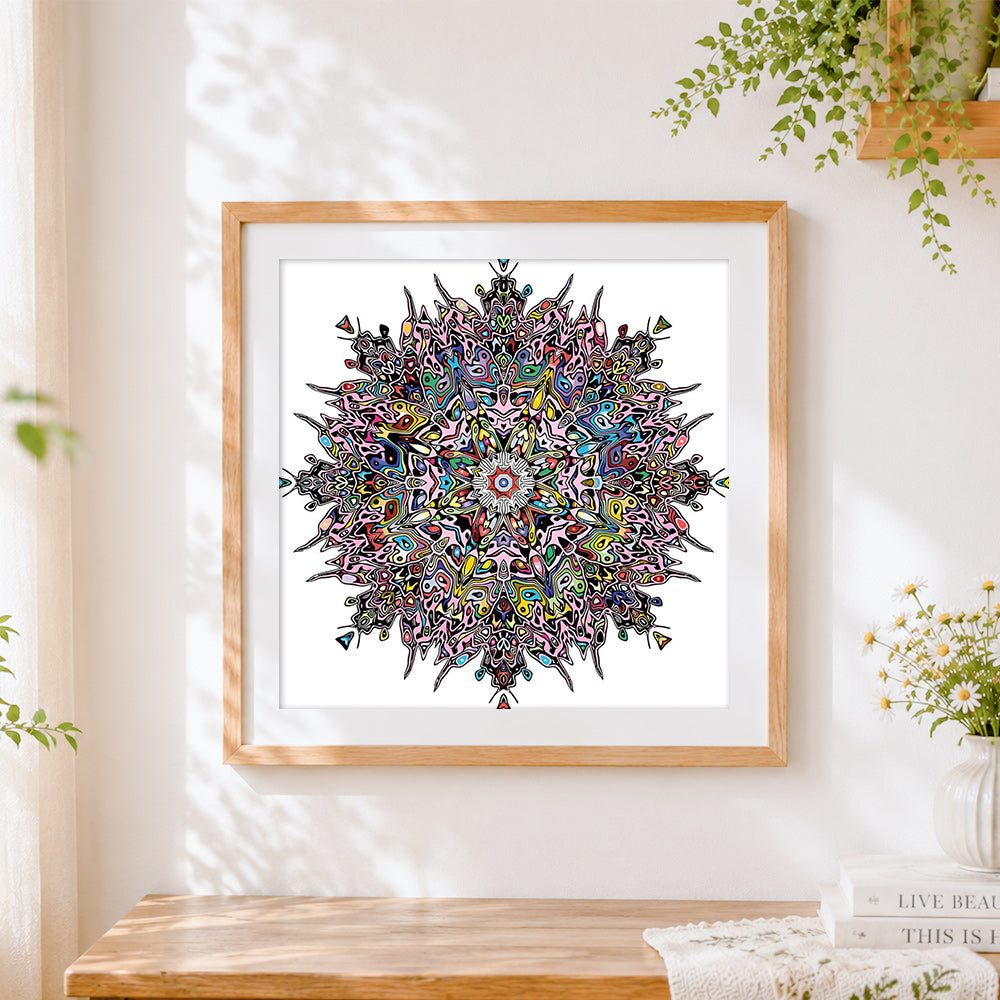 Finished colourful abstract biomorphic mandala cross stitch artwork displayed
