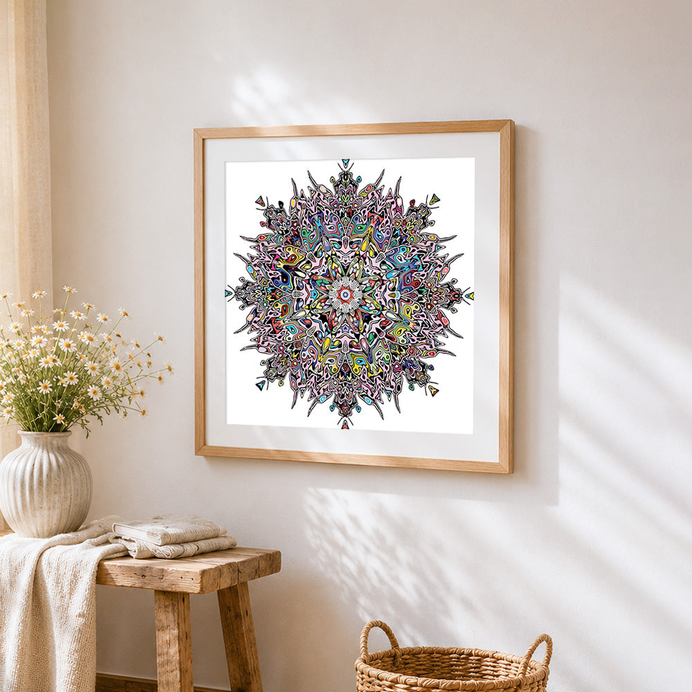 Colourful abstract biomorphic mandala cross stitch artwork displayed on wall as home decor