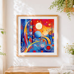 Finished colourful abstract city and stars cross stitch artwork displayed