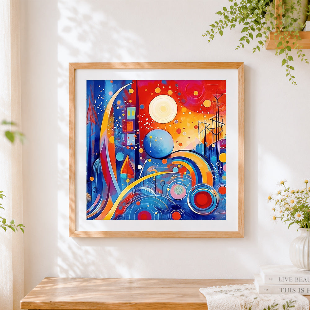 Finished colourful abstract city and stars cross stitch artwork displayed