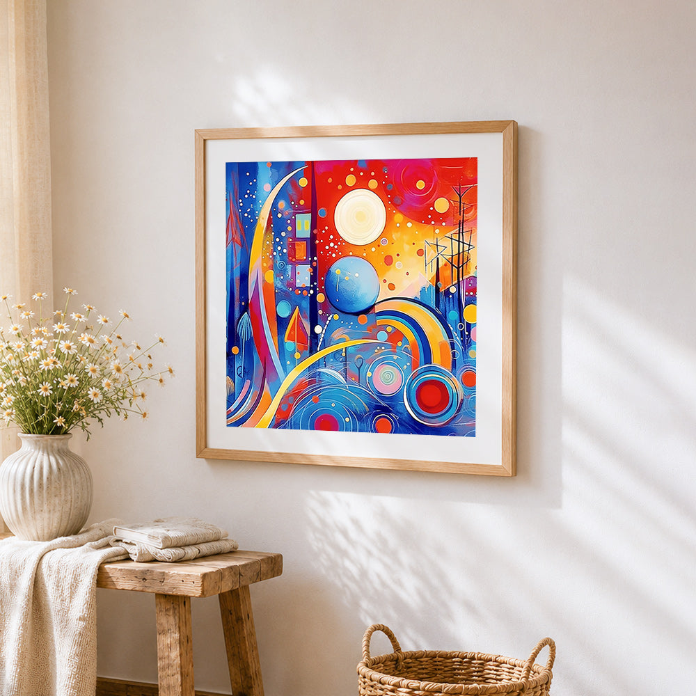 Colourful abstract city and stars cross stitch artwork displayed on wall as home decor
