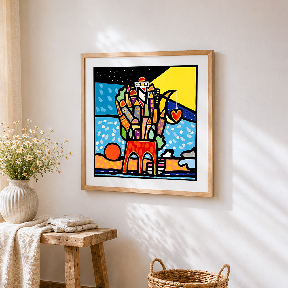 Colourful abstract cityscape cross stitch artwork displayed on wall as home decor