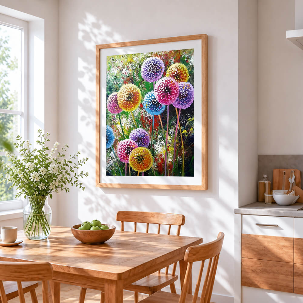 Colourful abstract dandelion cross stitch artwork displayed on wall as home decor