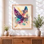 Finished colourful abstract eagle in flight cross stitch artwork displayed