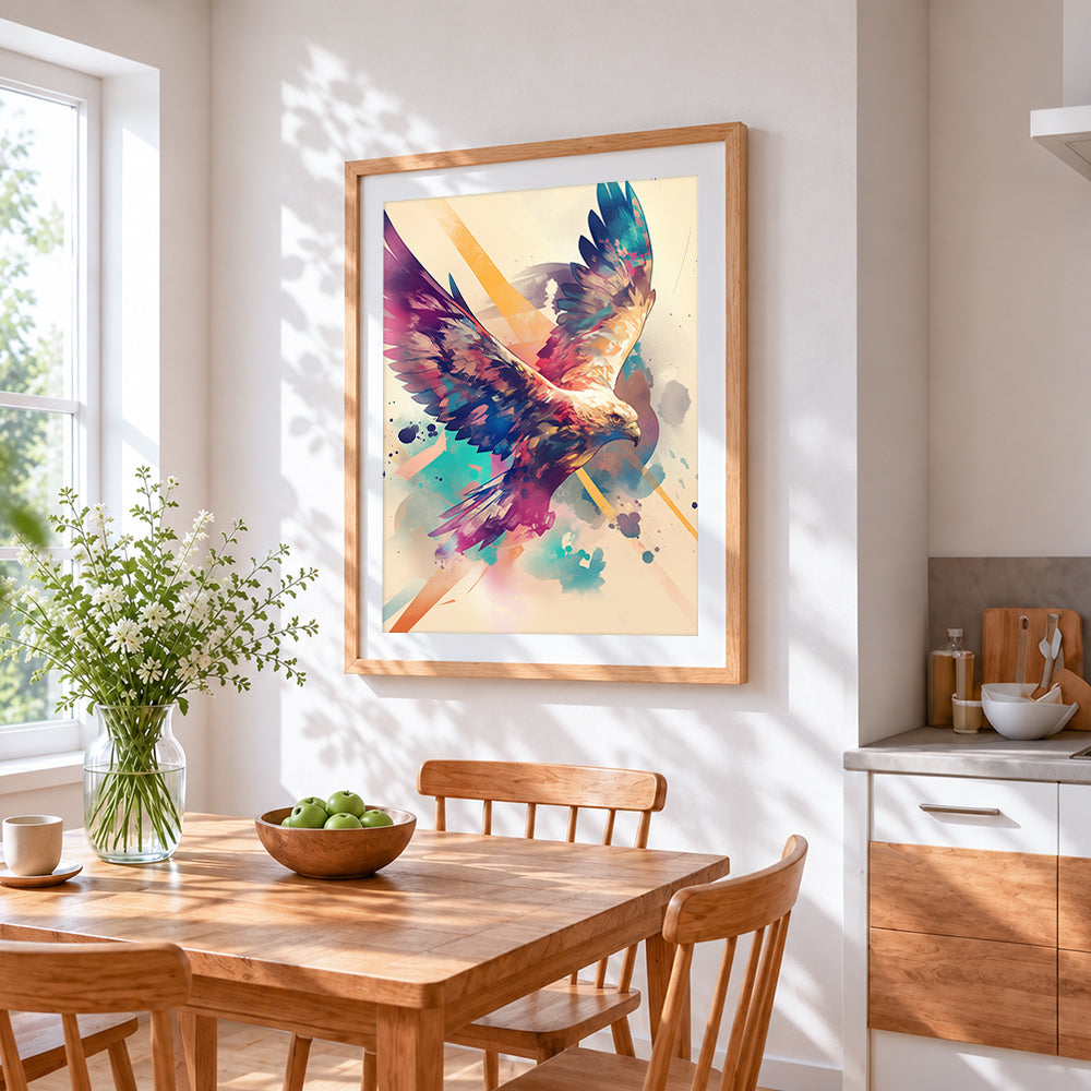Colourful abstract eagle in flight cross stitch artwork displayed on wall as home decor