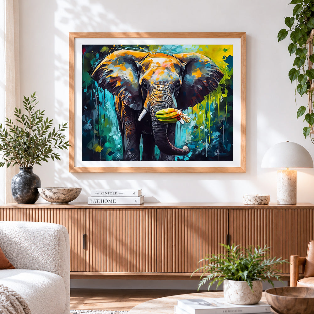 Finished colourful abstract elephant eating bananas cross stitch artwork displayed