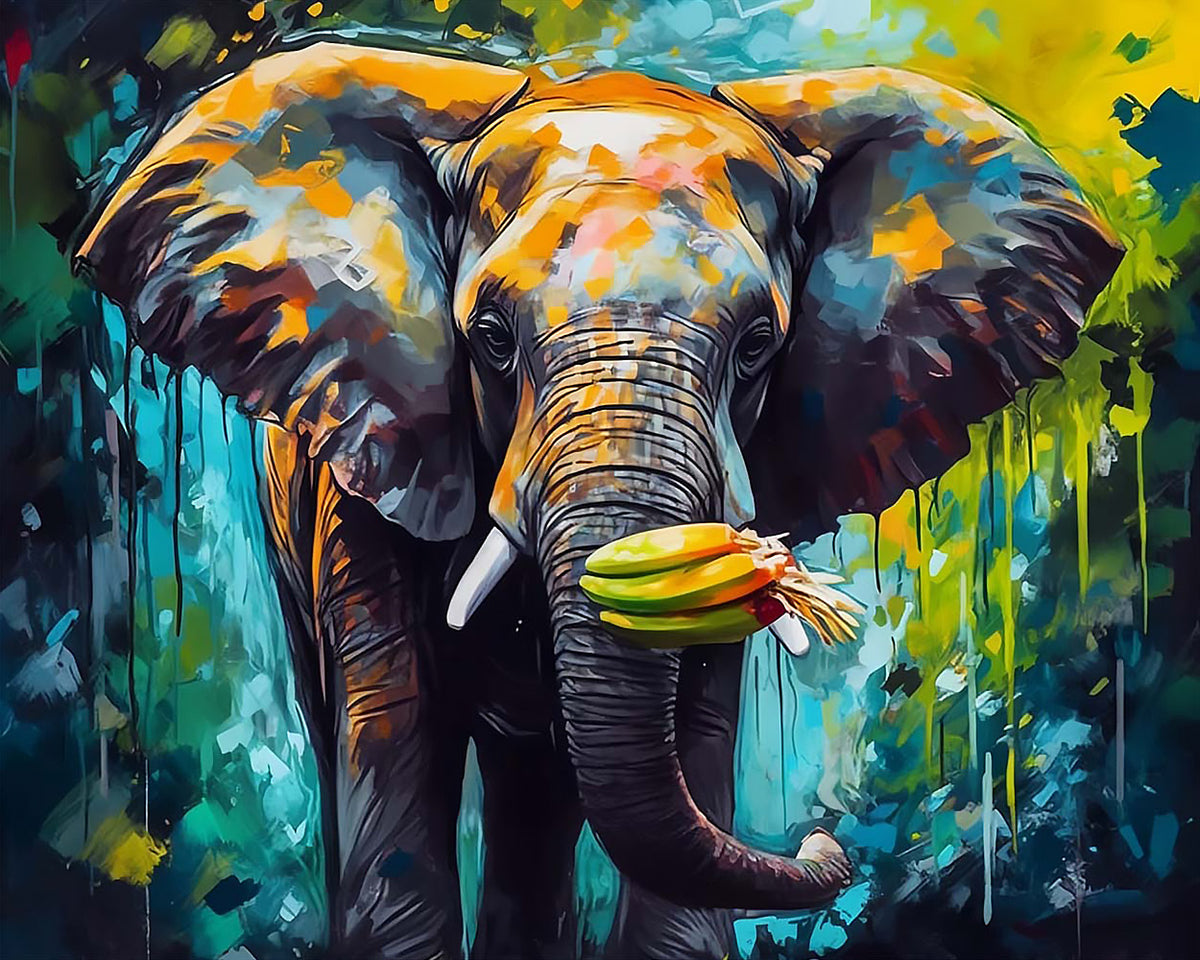 Colourful abstract elephant eating bananas paint by numbers kit for beginners