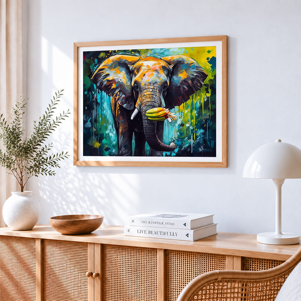 Colourful abstract elephant eating bananas paint by numbers artwork displayed on wall as home decor