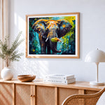 Colourful abstract elephant eating bananas paint by numbers artwork displayed on wall as home decor