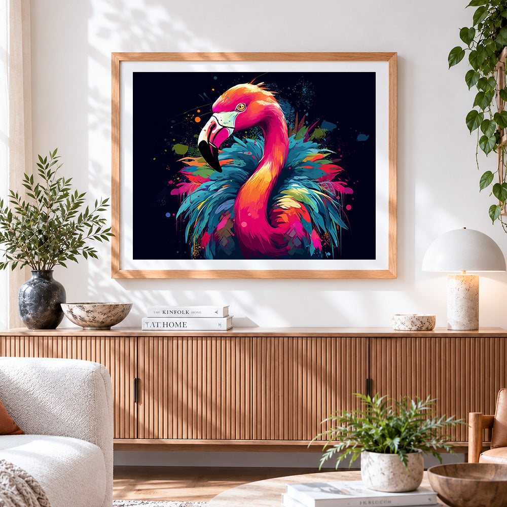 Finished colourful abstract flamingo cross stitch artwork displayed