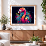 Finished colourful abstract flamingo cross stitch artwork displayed