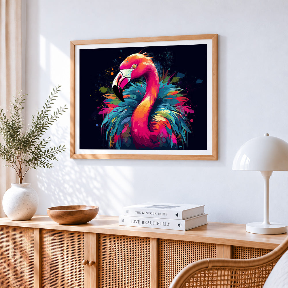 Colourful abstract flamingo paint by numbers artwork displayed on wall as home decor