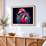 Colourful abstract flamingo paint by numbers artwork displayed on wall as home decor