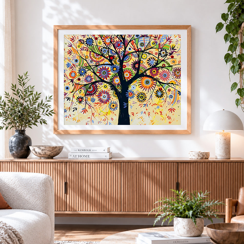 Finished colourful abstract floral tree paint by numbers artwork displayed as home decor