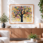 Finished colourful abstract floral tree paint by numbers artwork displayed as home decor
