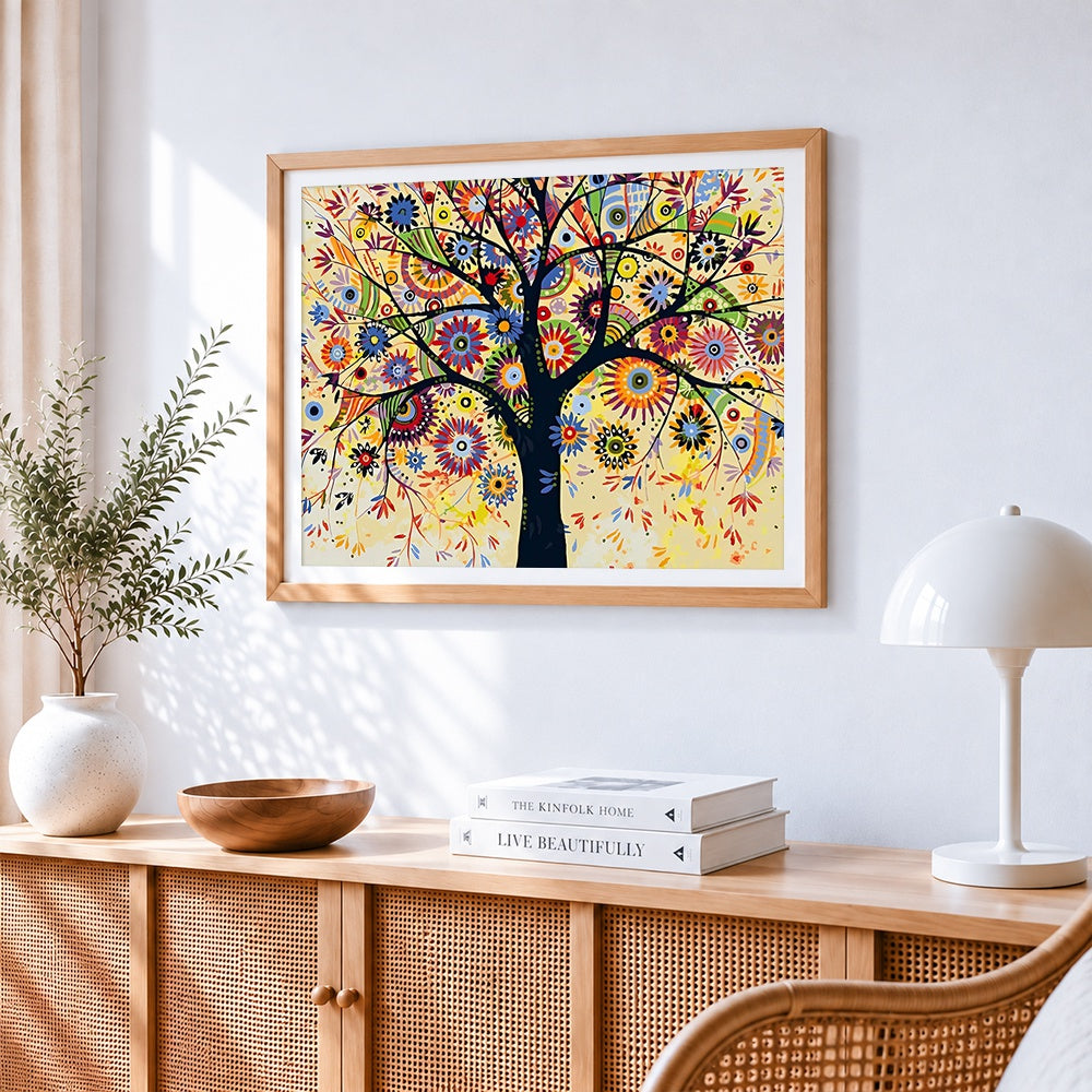 Colourful abstract floral tree paint by numbers artwork displayed on wall as home decor
