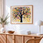 Colourful abstract floral tree paint by numbers artwork displayed on wall as home decor
