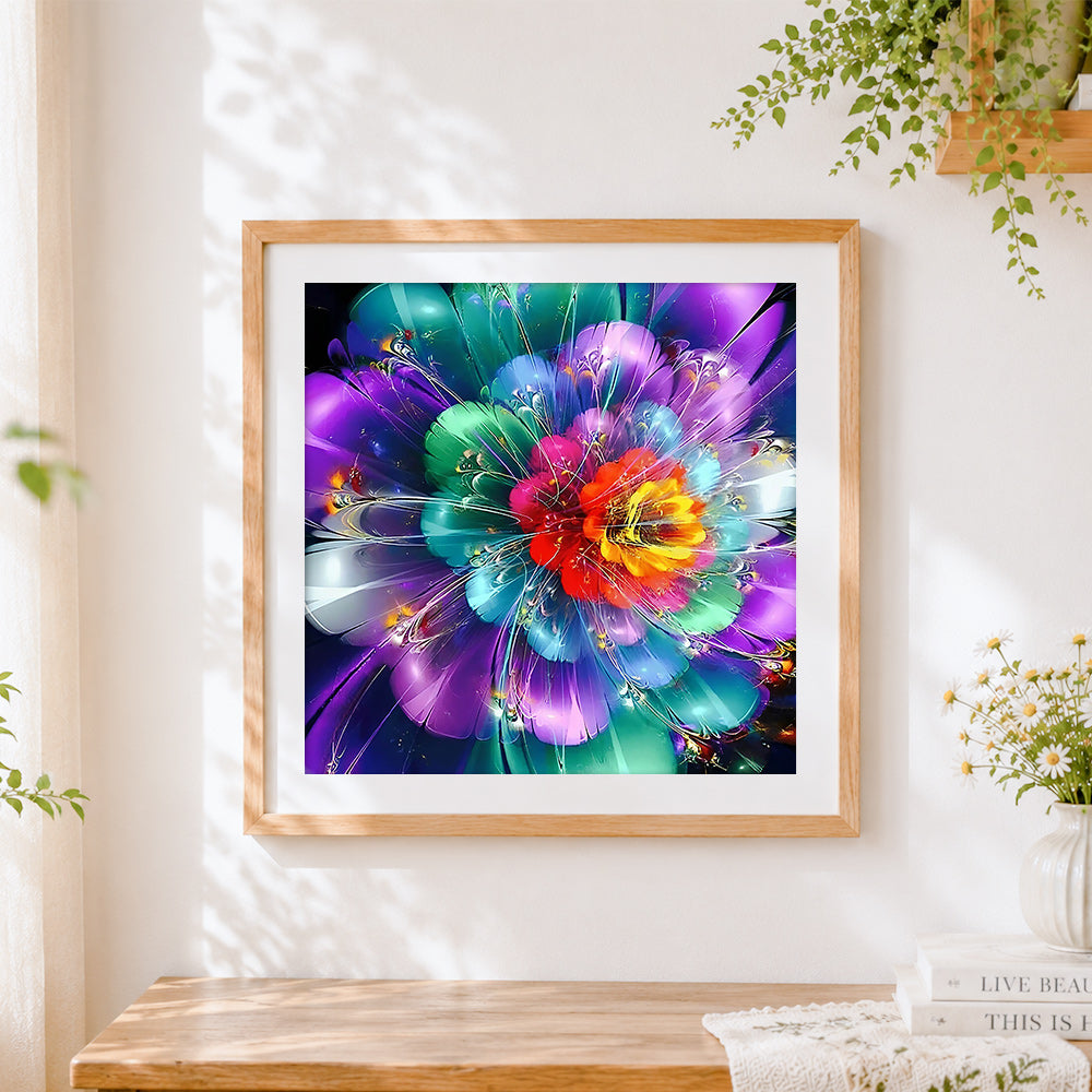Finished colourful abstract flower burst cross stitch artwork displayed