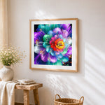 Colourful abstract flower burst cross stitch artwork displayed on wall as home decor