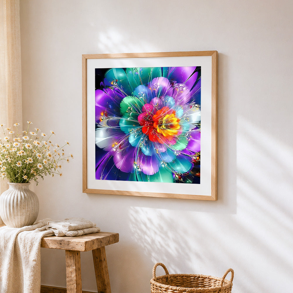 Colourful abstract flower burst cross stitch artwork displayed on wall as home decor