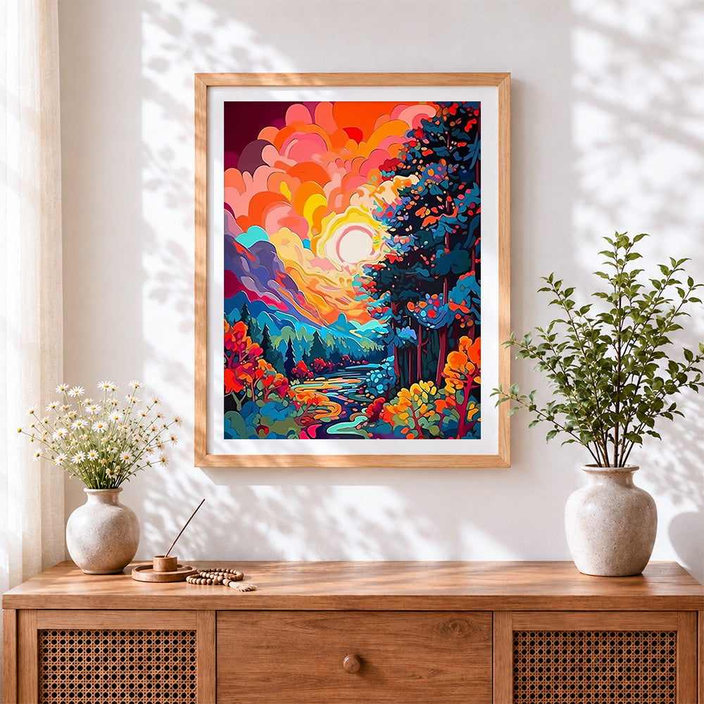 Finished colourful abstract forest sunset cross stitch artwork displayed