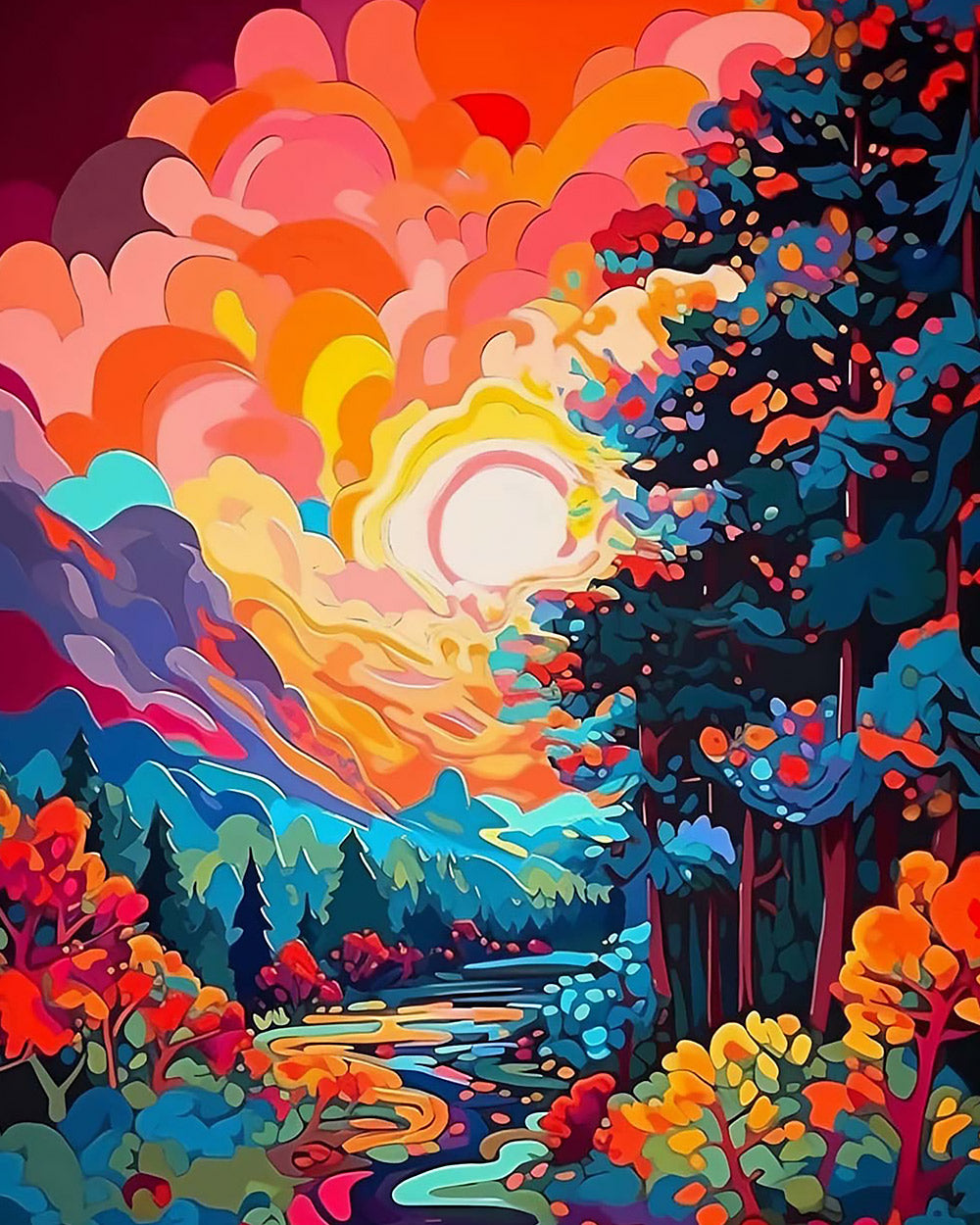 Colourful abstract forest sunset cross stitch kit for beginners
