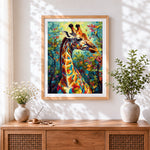 Finished colourful abstract giraffe in the forest cross stitch artwork displayed
