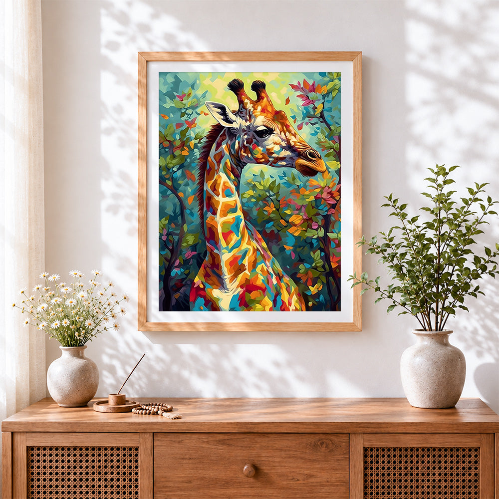 Finished colourful abstract giraffe in the forest cross stitch artwork displayed