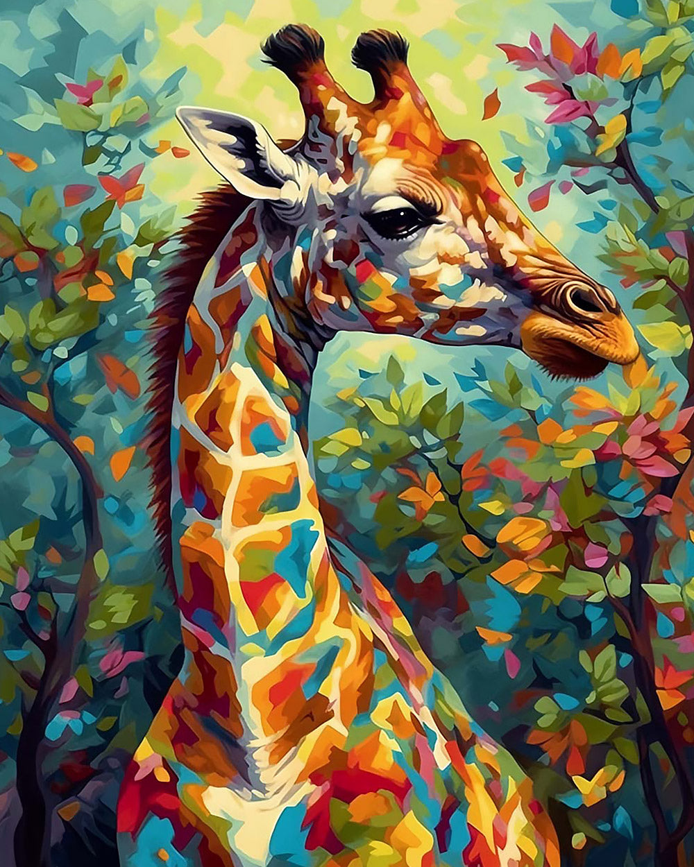 Colourful abstract giraffe in the forest cross stitch kit for beginners