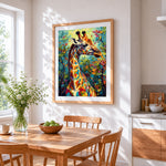 Colourful abstract giraffe in the forest cross stitch artwork displayed on wall as home decor